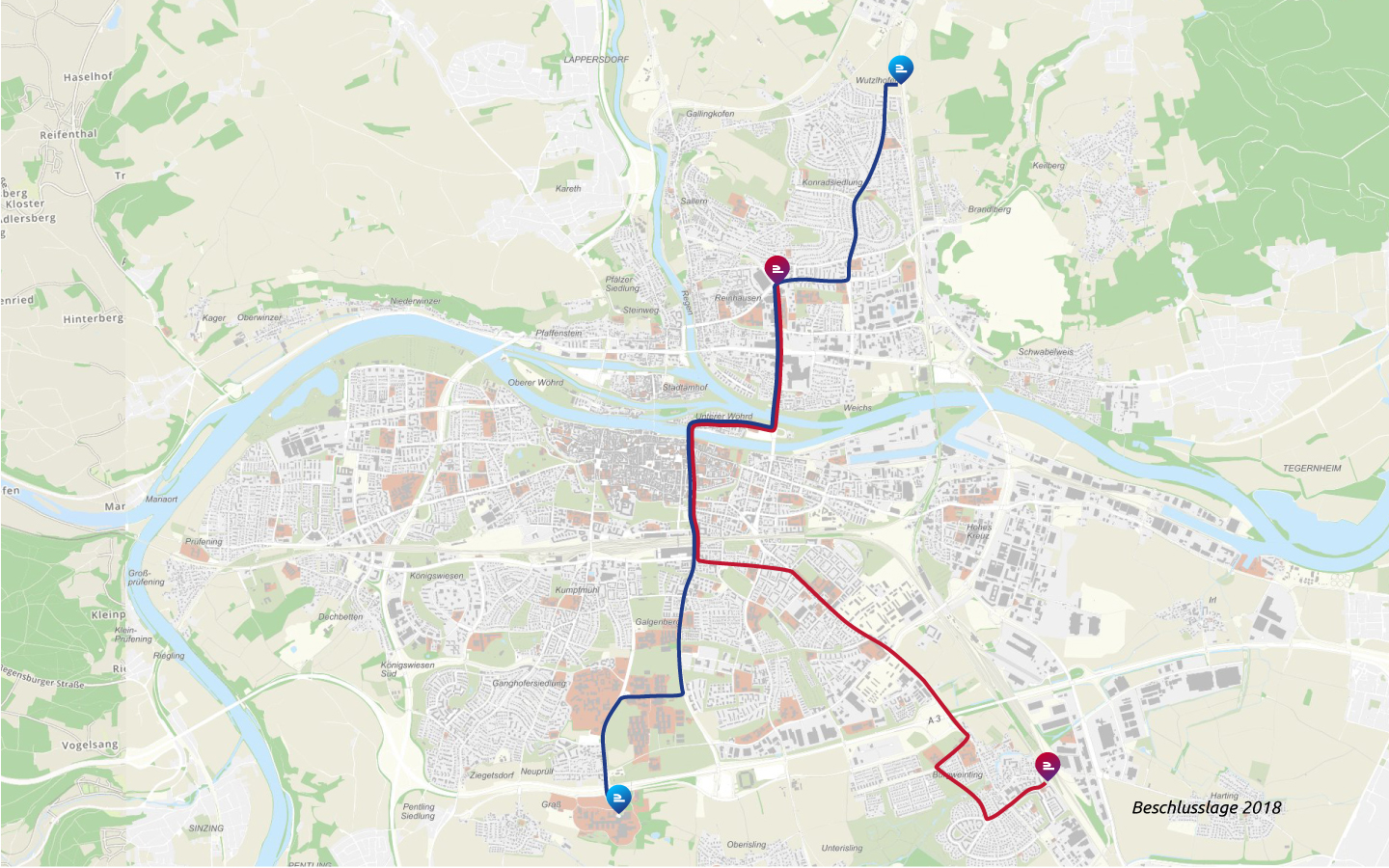 Karte mit geplanter Linienführung der Stadtbahn