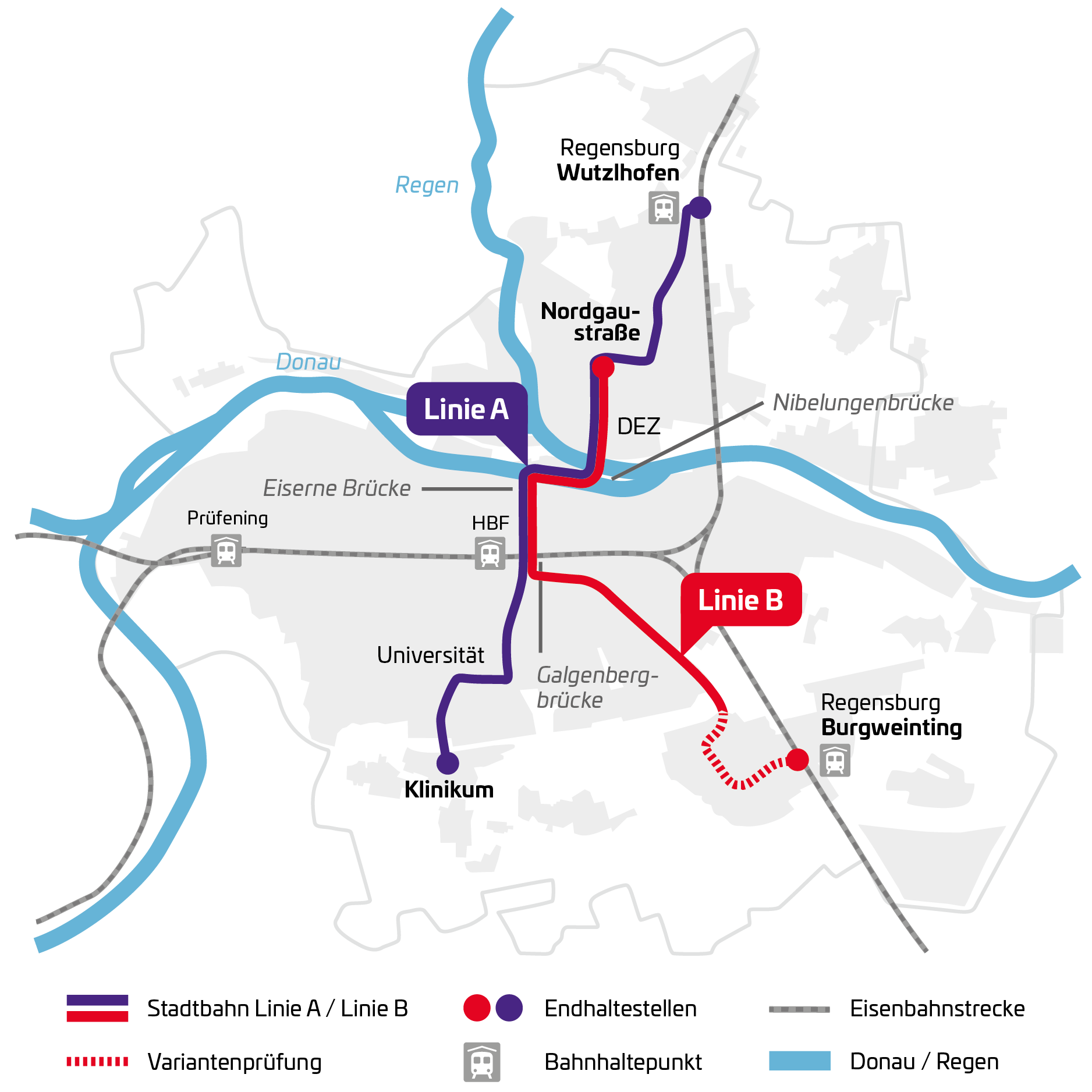 Darstellung des geplanten Liniennetztes (Linie A: Wutzlhofen bis Klinikum, Linie B: Nordgaustraße bis Burgweinting (in Prüfung))